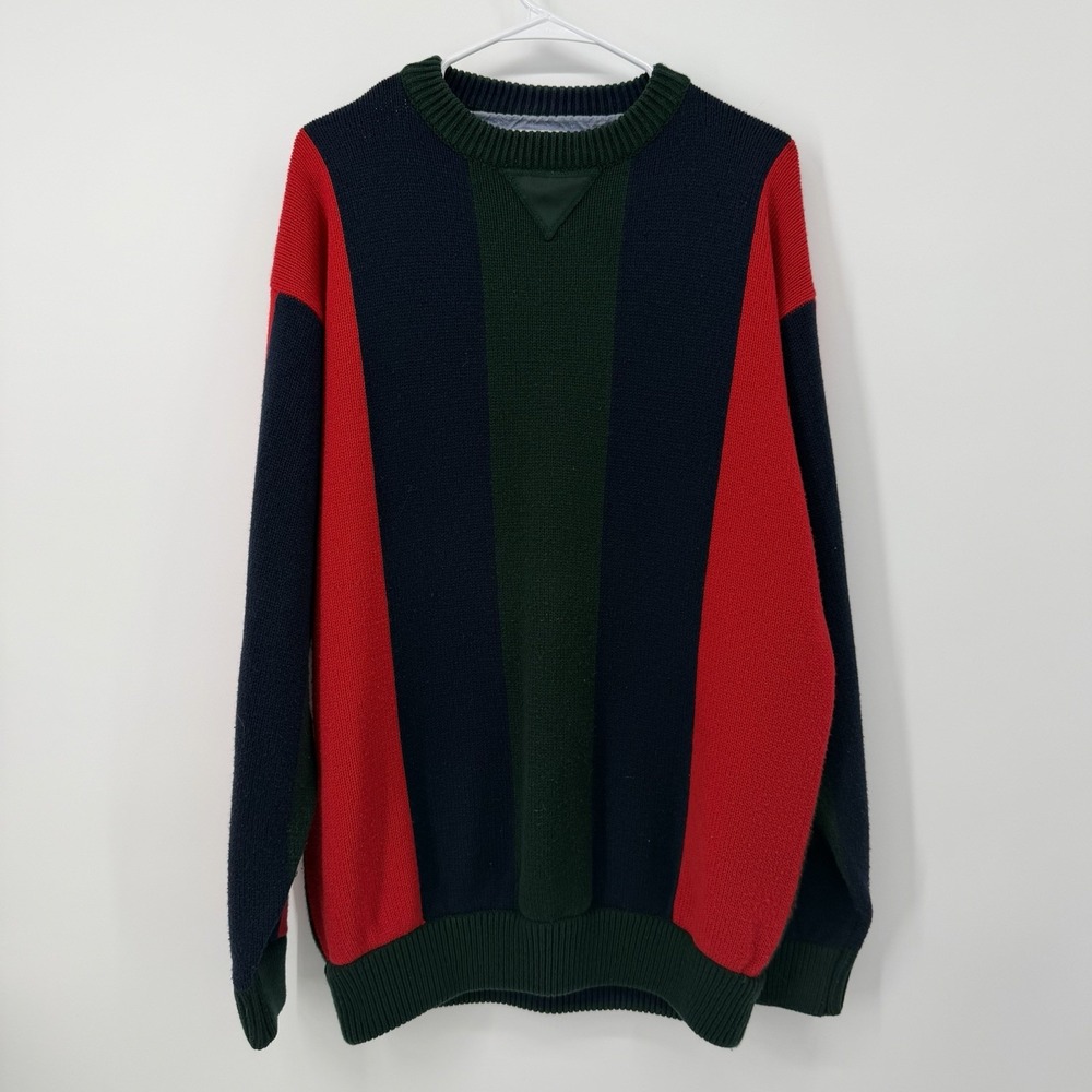 Vintage 90s Gitano Mens Green Navy Red Striped‎ Crewneck Knit Sweater Size XL